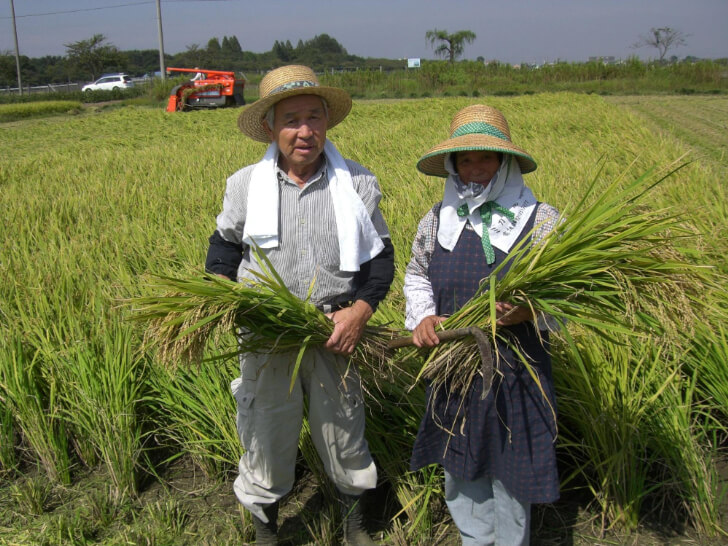 稲を持つ米農家（提供：小江戸鏡山酒造）