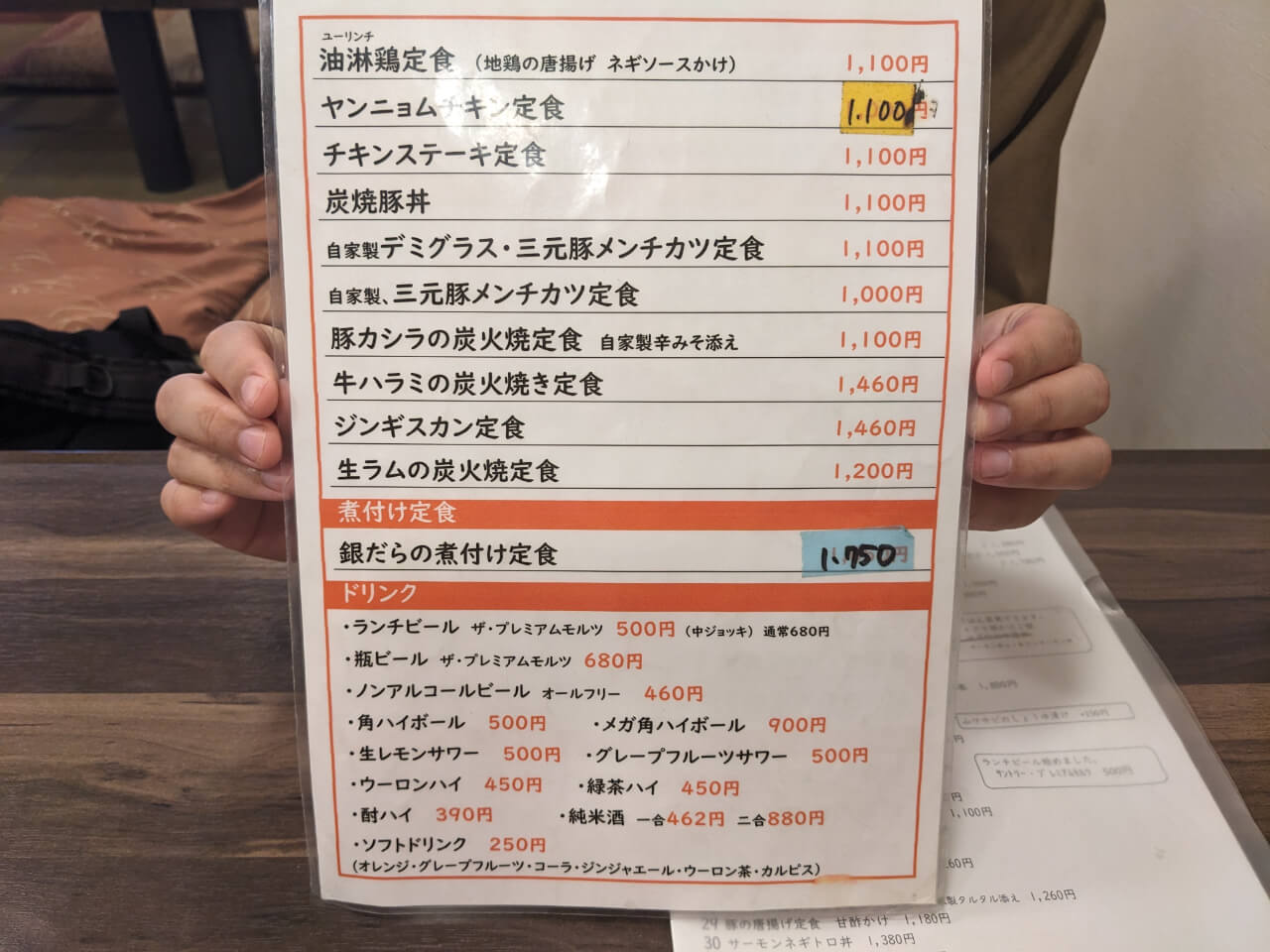 定番ランチメニューのメニュー表