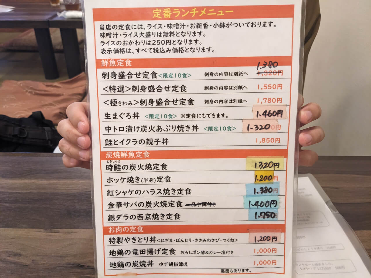 定番ランチメニューのメニュー表